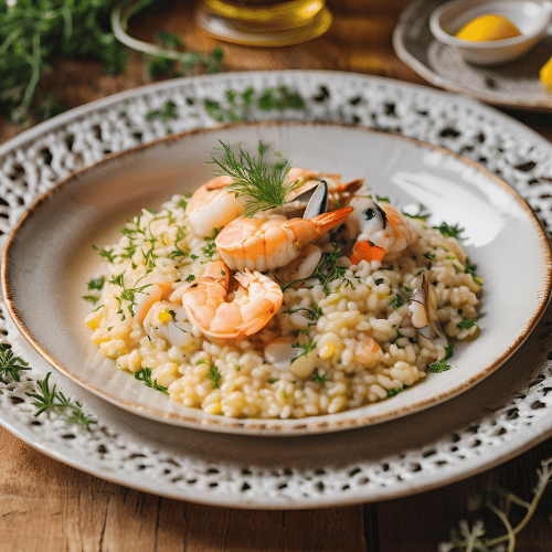 risotto au fruit de mer dans une belle assiette blanche 